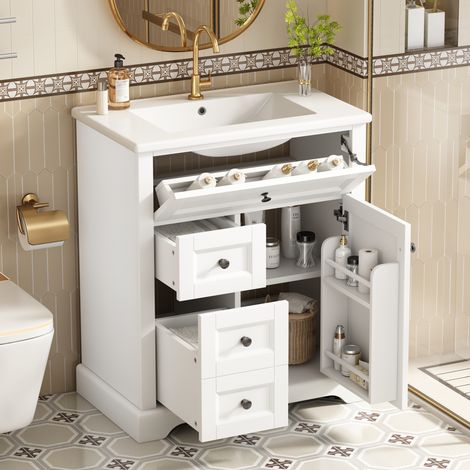 Meuble vasque 76x46x87 blanc, vasque céramique, étagères régl. (1/5)