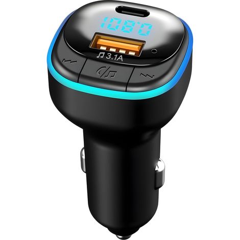 Transmetteur FM Bluetooth 5.0 Voiture, Kit Émetteur FM Voiture USB + Type C, Musique Bluetooth Voiture Appel Mains Libres, Allume Cigare Charge Rapide Support Disque U, LED Bleue Dégradée (1/5)
