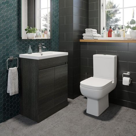 600mm Modern Bathroom Vanity Unit Basin Soft Close Seat Toilet WC Charcoal Grey (1/5)