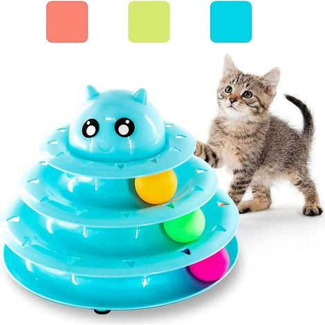 Jouet interactif pour chat avec balle à rouler - Bleu Tour à 3 niveaux avec 3 balles de couleurs différentes Jeu d'adresse pour chat à 3 niveaux avec balles Casse-tête pour chat (1/5)