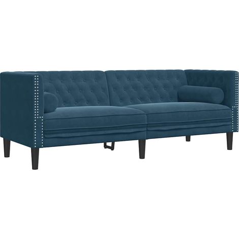 Canapé  Sofa Chesterfield avec traversins 3 places bleu velours