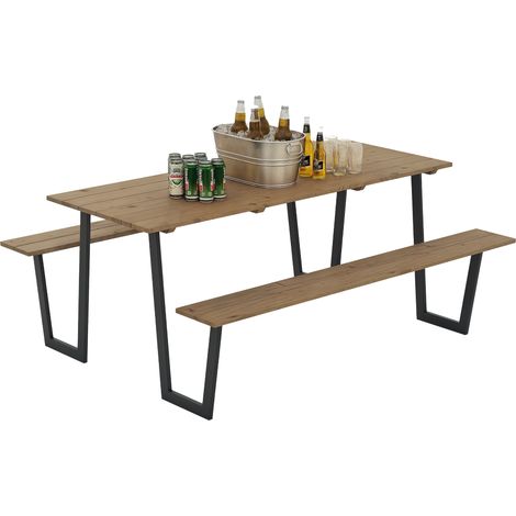 Ensemble table et bancs en bois de brasserie, table de pique-nique en bois avec banc, 175 cm, trou pour parasol, marron (1/5)