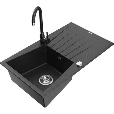 Mexen Cesar 1 Becken-Granitspüle mit Abtropffläche und Mischbatterie Telma, Schwarz/Silber - 6514-73
