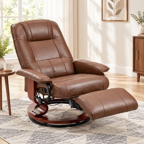 MODFU – Sofá relax giratorio reclinable 145° de polipiel con reposapiés manual, base de madera y carga 120 kg – Marrón (1/5)