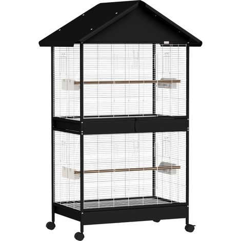 Volière pour oiseaux XXL noire avec cloison amovible, 2 portes, 2 perchoirs, 2 bacs et 4 roulettes à frein, cage modulable pratique - CHICFURN (1/5)
