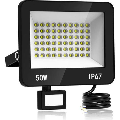 Projecteur LED Extérieur avec Détecteur - 50W 5000LM Spot Exterieur Detecteur de Mouvement Blanc Froid 6500K, IP67 Étanche Lampe pour Garage Jardin Entrée Route