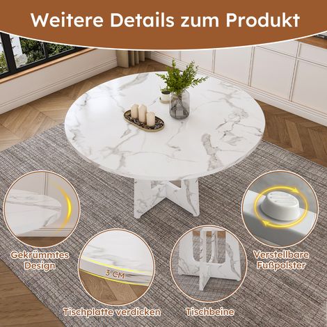 Table ronde modulaire 120cm, plateau MDF effet marbre blanc, pour 4 personnes, idéale pour salle à manger ou cuisine, plateau élégant et design contemporain (1/5)