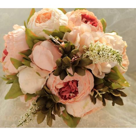 Bouquet de mariée fait main, bouquet de demoiselle d'honneur tenant un bouquet de roses roses artificielles pivoines en soie, décoration de mariage à domicile (1/3)