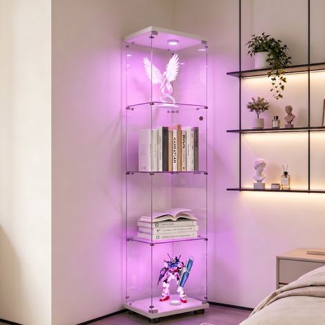 Vetrina in vetro - con 4 ripiani e ante - mobile contenitore autoportante - design moderno - legno e vetro temperato - bianco - adatta per soggiorno o camera da letto (1/5)