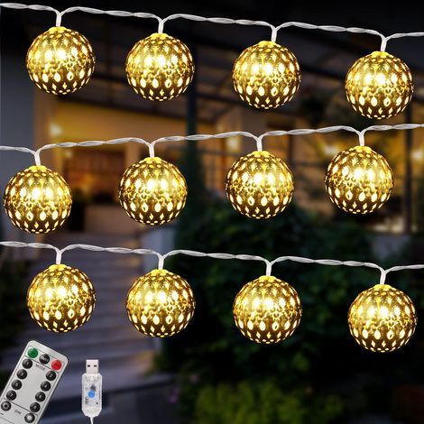 Moroccan LED String Lights, 4.5M 30 LED USB 8 Lighting Modes, with Remote Control, Golden Ball, Moroccan Oriental Style (1/5)
