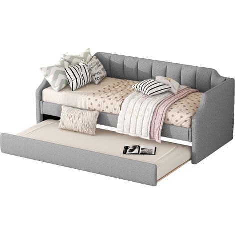 Lit gigogne 90x200 rembourré tiroir roulettes gris matelas non inclus