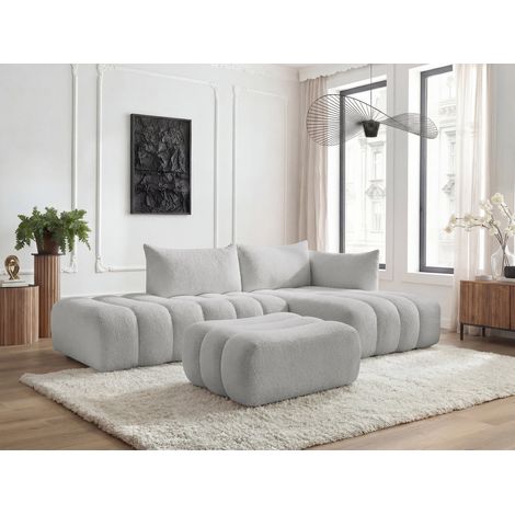 BOBOCHIC - Canapé d'angle fixe modulable AZRA tissu bouclette avec pouf Angle droit  Gris clair