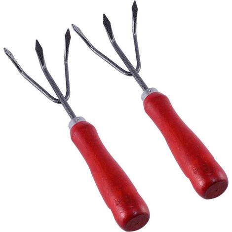 Lot de 2 Cultivateurs de Jardin à Trois Dents Manche en Bois Rouge Antidérapant, Outil Manuel pour Désherbage et Travail Terre en Extérieur, Petit Râteau de Jardin Pratique (1/5)