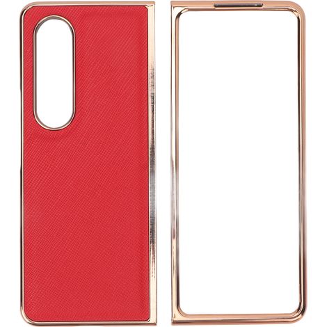 Étui de téléphone en cuir de vachette véritable grainé nano-électroplaqué pour téléphone pliable Samsung Galaxy Z Fold 4, coque résistante aux rayures, rouge. (1/5)