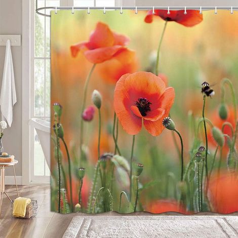 Rideau de douche motif coquelicot sur le thème de la nature, rideau de douche rustique rouge coquelicot imprimé art nature, tissu de plantes de jardin printemps été tissu tissu décoration salle (1/4)