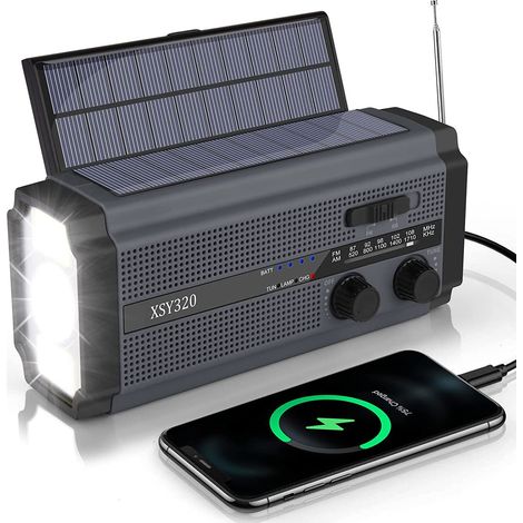 Radio avec générateur solaire de 5000 mAh et lampe torche, noire. (1/3)