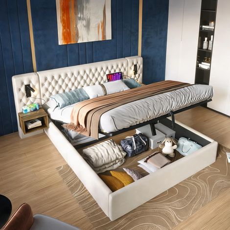 Cadre de lit beige en velours 213 x 247 x 105 cm (1/5)