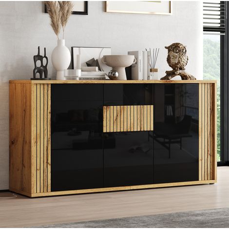 Credenza 3 ante 140 x 35 x 71 cm in MDF e truciolare nero effetto legno OKWISH (1/5)