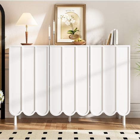 Credenza bianca da soggiorno con 3 ante ondulate e ripiani regolabili, senza maniglie, per soggiorno, corridoio e sala da pranzo (1/5)