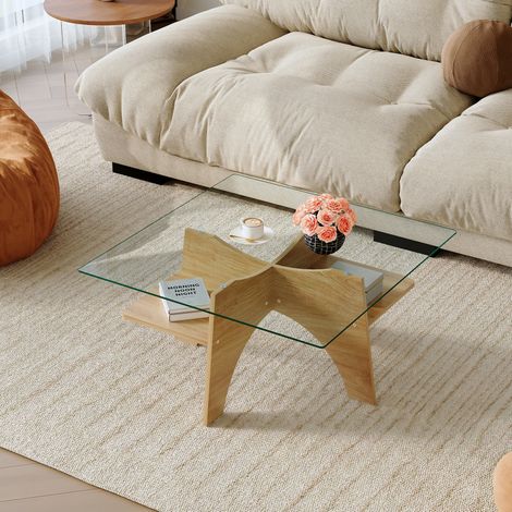 Mesa de centro cuadrada 80x80x40 cm transparente y madera clara en MDF y vidrio con estante (1/5)
