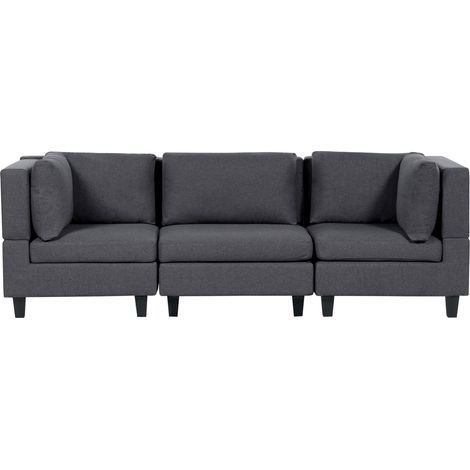 Modular Sofa Dark Grey Fabric Upholstered 3 Seater Cushioned Backrest Modern Living Room Couch UNSTAD