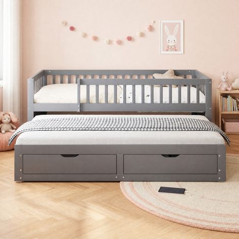 CHICFURN Cama nido 90x200 cm de madera gris con barrera, 2 cajones y somieres (1/5)