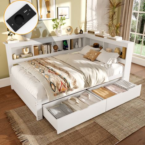 Divano letto in legno 140×200cm con 2 cassetti, letto per adulti, porta USB e presa, rete a doghe, senza materasso, bianco (1/5)