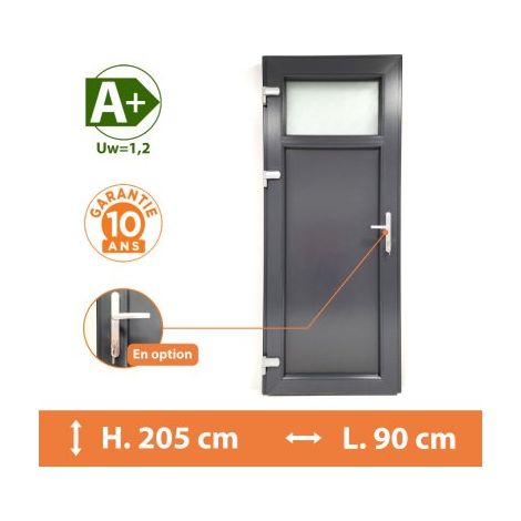Direct Fenêtres – Porte de service PVC 1/4 vitrée – Gris anthracite RAL 7016 – H.205 x l.90 cm – Isolation thermique optimale A – Vitrage feuilleté retardateur d’effraction