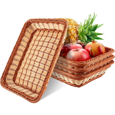 4 Pièces Corbeille a Pain en Osier 35x25x7CM Panier Pain Empilables Panier a Pain de Service Bicolore Panier Osier Rectangulaire Corbeille Osier pour Pain, fruit, Légume, Ustensile de Cuisine