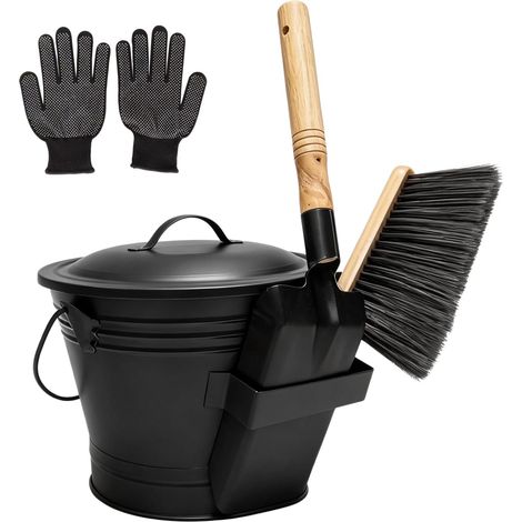 Seau à cendres avec couvercle : seau à charbon rond de 6 l pour cheminée, seau à charbon en métal ignifuge avec pelle, gants et balai à main, seau à charbon, accessoires pour cheminée (1/5)
