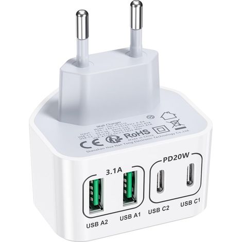 Chargeur USB C 40W, 4 Ports USBC Prise Chargeur Rapide, Plat Compact Adaptateur Secteur USB C, Chargeur Mural pour Petits Espaces, Compatible avec 16/15/14, S25/S24/S23, Mobile (1/5)