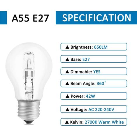 Lampadina alogena dimmerabile E27 A55 da 42W, AC220-240V, 650LM bianco caldo 2700K, lampadina a globo alogena E27 trasparente per plafoniere, lampade da scrivania, applique, lampade da terra, confezio (1/4)