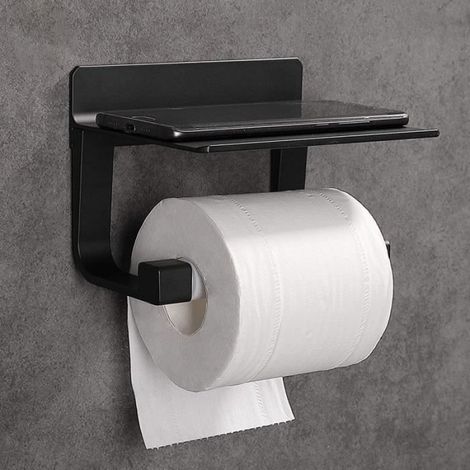 Derouleur Papier Toilette Porte Papier Toilette Mural Support Papier Toilettes Auto-adhésif, Aluminium Noir (1/4)