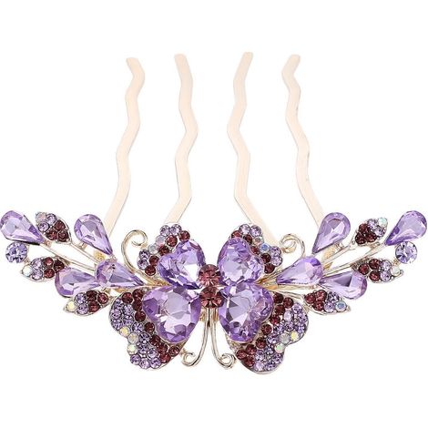 Peigne latéral pour cheveux, accessoire de coiffure pour chignon de mariée, pince à cheveux strassée à 4 dents, épingle à cheveux pour femme-10.00X8.50X1.00CM-Purple (1/4)