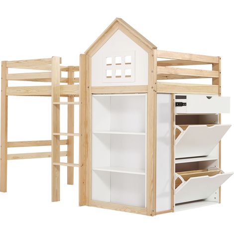 CAIziLit mezzanine 90x200 cm blanc/naturel, tiroirs, rangements, marches (1/5)