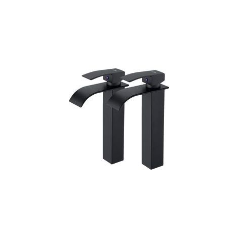 2PCS Robinet Salle de Bain Cascade, Moderne Robinet Lavabo Noir Cascade Haut, Mitigeur Lavabo Cascade avec bec Hauteur , Robinetterie Carré en Laiton Eau Chaude et Froide Disponible G 3/8