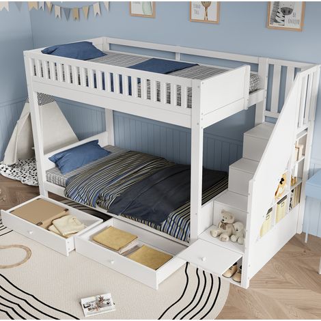 Letto a castello 254x95x165 cm con scala contenitore, 2 cassetti, protezione anticaduta, legno bianco (1/5)