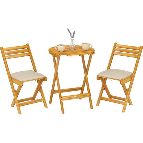 Ensemble de mobilier de balcon 3 pièces, bois certifié FSC, ensemble de mobilier de jardin pliable avec table ronde, 2 chaises, coussins d'assise respirants et assise à lattes. (1/5)