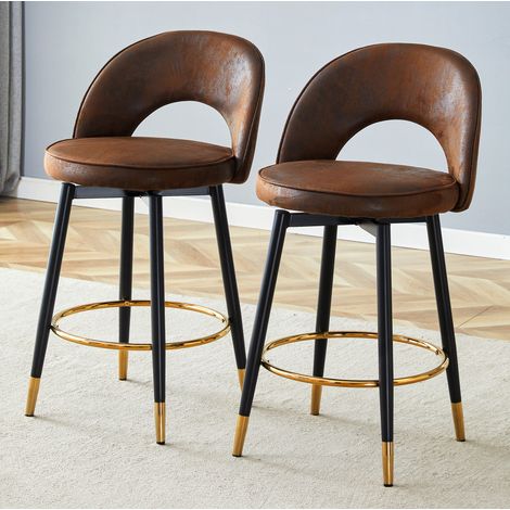 Sgabello da bar girevole 360° in tessuto marrone e metallo, con schienale traforato e seduta comoda,47.4x44x92cm (1/5)