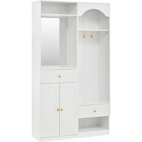 Recibidor compacto con espejo, banco y zapatero MDF blanco con LED (1/5)