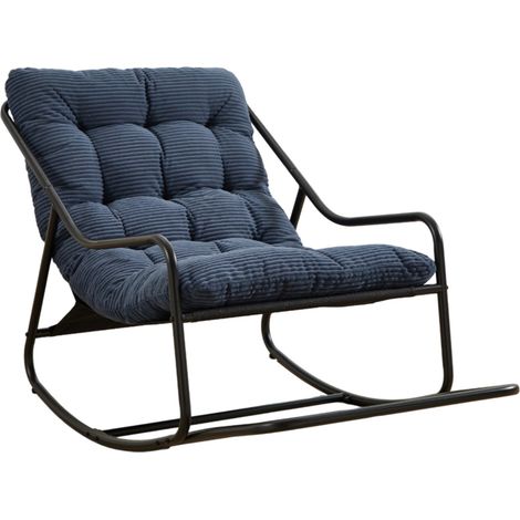 Fauteuil à bascule extérieur avec coussin épais confortable, structure noire et coussin bleu marine (1/5)