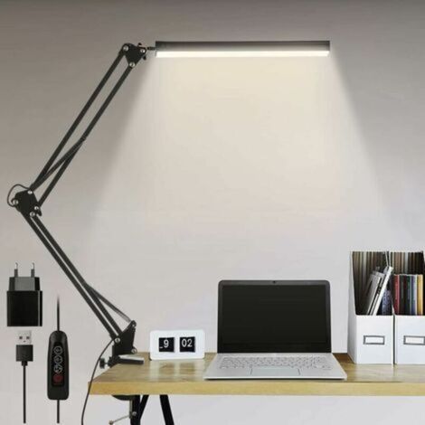 Lampe de bureau LED, lampe de bureau d'architecte pliable 14 W avec clip, 10 niveaux de luminosité x 3 modes de couleur, lampe de bureau réglable, protection des yeux, adaptateur CE 5 V/2 A inclus (1/5)