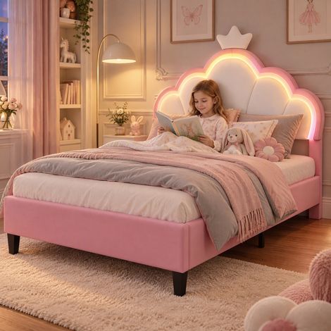 Comanlai - Lit double 140x190 cm avec LED pour Fille - Tête de Lit Réglable en Hauteur - Sommier à Lattes - Lit Princesse en Velours Rose et Blanc (sans Matelas) (1/5)