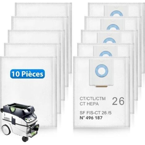 10 Filterbeutel, kompatibel mit Festool CT 26 / CTM 26 E / CTL 26 E Staubsauger, Artikelnummer 496187, Staubsaugerbeutel für Festool SC FIS-CT 26/5, Einwegbeutel mit großem Fassungsvermögen (1/5)