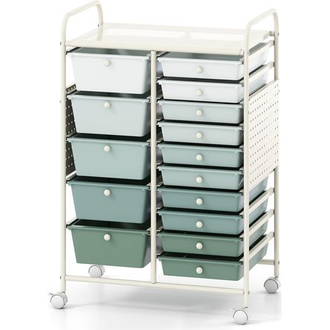 15 tiroirs, chariot de rangement à roulettes pour organisation, plateau en métal et panneau perforé vert (1/2)