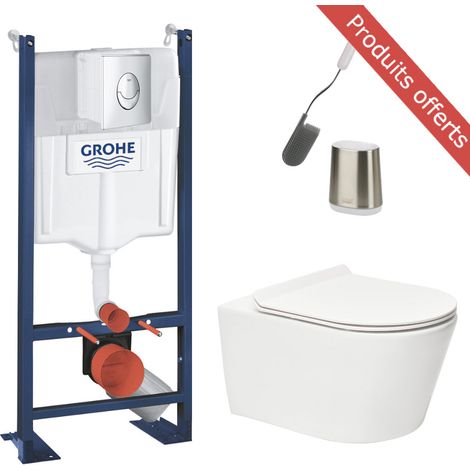 Grohe – Pack WC bâti autoportant – WC suspendu sans bride – Abattant SoftClose – Plaque de commande double touche chrome – Brosse anti-goutte (1/5)