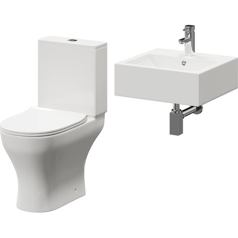 Wholesale Domestic Elvas 470mm Wall Hung Basin and Toilet Suite including Square Polished Chrome Bottle Trap and Open Back Toilet (1/5)