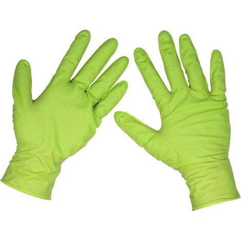 Sealey SSP54L Diamond Grip Extra-Thick Nitrile Powder-Free Gloves, Hi-Vis Green, Large - Pack of 50