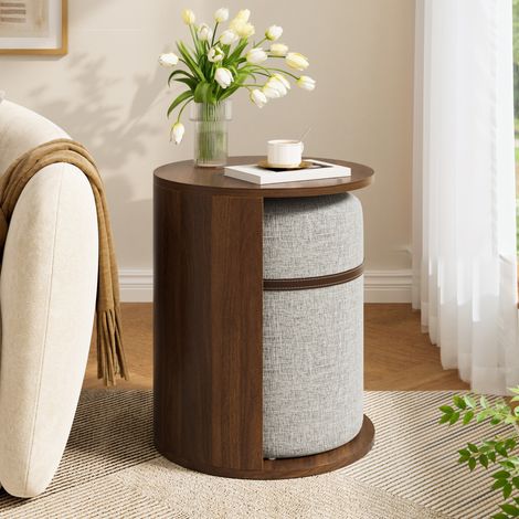 Table d'appoint ronde - 38x38x47.5cm - pouf coffre de rangement - tabouret - bout de canapé - table de chevet - MDF - pieds en pin - noyer (1/5)