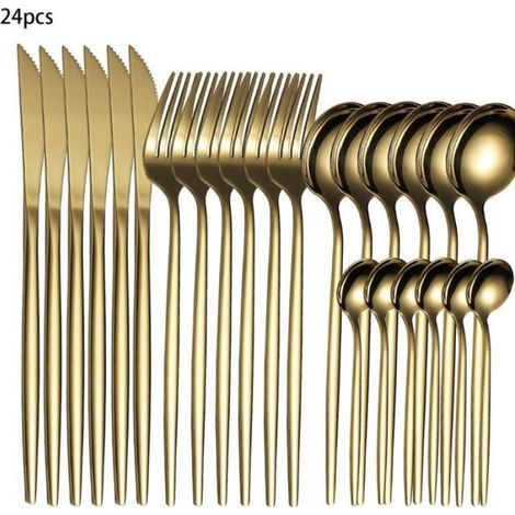 24 pièces ensemble de couverts en acier inoxydable miroir vaisselle couteau fourchette cuillère dîner ensemble de couverts - or (1/4)